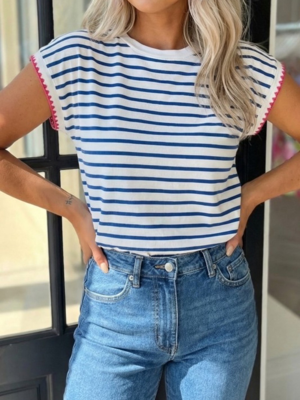 Summer Casual Striped Crewneck Navy and White Tee with Pink Trim - Women Tops